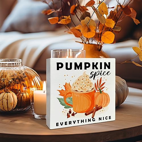 Image of Fall Table Wooden Box Sign, Pumpkin Spice Everything Nice, Autumn Table Decor, Fall Pumpkin Farmhouse Tabletop Decorations for Home, Kitchen, Harvest, Thanksgiving, Rustic Desk Decor