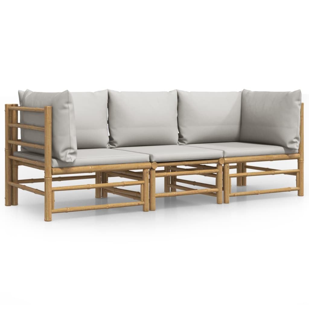 Salon de jardin en bambou 3 pièces avec coussins gris clair, canapé d'extérieur modulable avec accoudoirs et dossier pour un grand confort d'assise