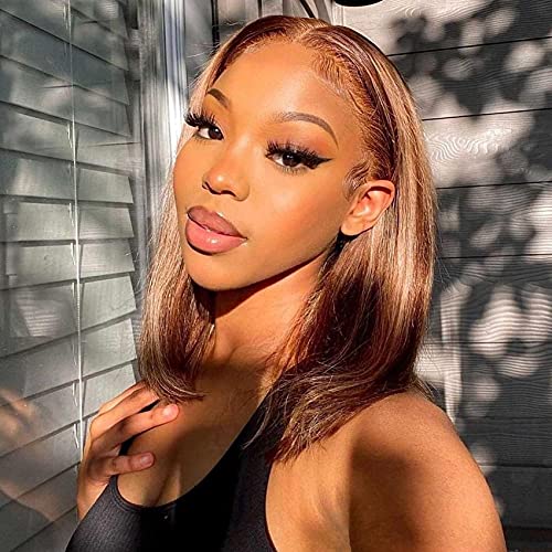 Bob Wigs Straight 4/27 Highlight Lace Front Wigs Human Hair Original Queen Wigs for Black Women 4X4 Lace Closure Wigs 180% Density Ombre Brown Honey Blonde Straight Human Hair Wigs 14Inch