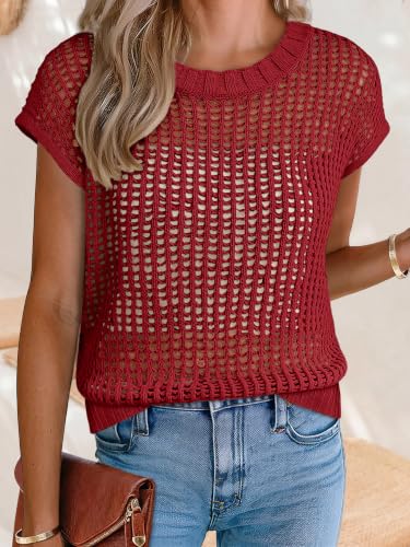 Image of ANRABESS Short Sleeve Sweater for Women Summer Crochet Knit Tops