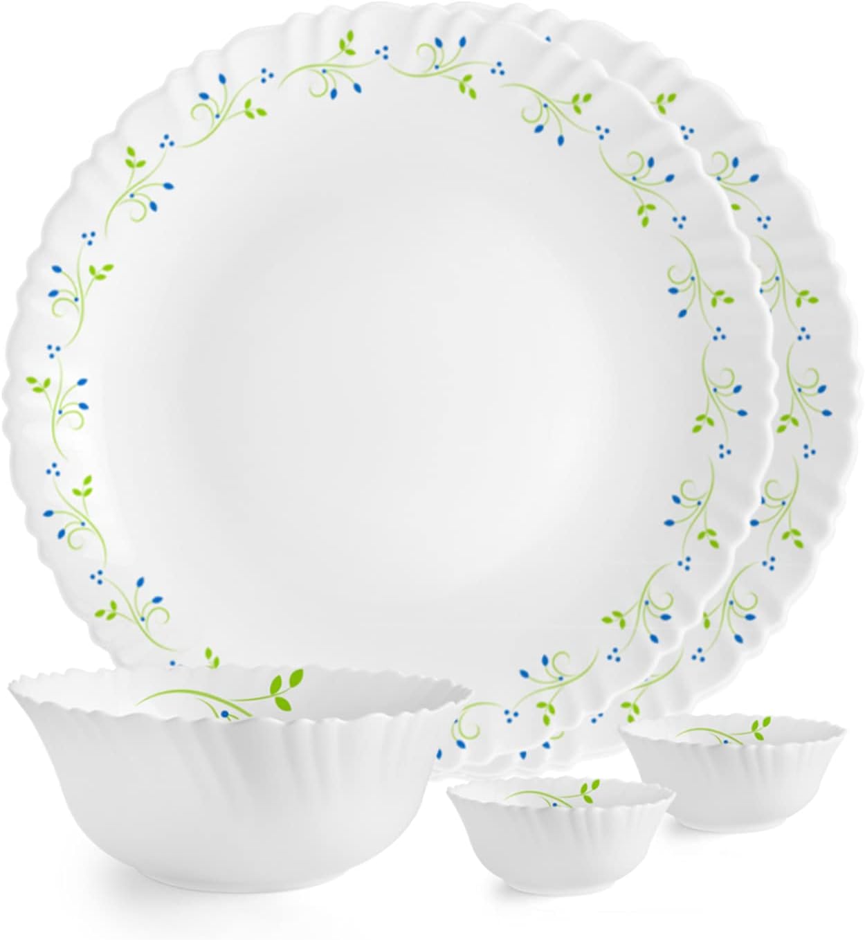 Cello Opalware Dazzle Tropical Lagoon 5 Units | Opal Glass Dinner Set for 2 | Light-Weight, Daily Use Crockery Set for Dining | White Plate and Bowl | White