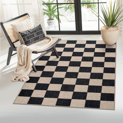 Lahome Checkered Easy Jute Area Rug, 3x5 Outdoor Patio Rug Washable Rugs for Entryway Checkerboard Indoor Outdoor Living Room Classroom Rugs, Farmhouse Neutral Non Slip Black Carpet for Bedroom