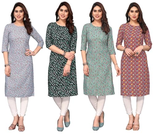 Image of JAKHANA Women's Crepe Printed Casual Straight Calf Length Round Nick Kurta Pack of 4
