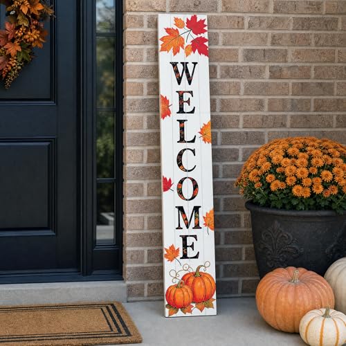 Image of Vertical Wooden Fall Welcome Porch Sign,Rustic Autumn Porch Standing Sign,Decorative Leaning Sign for Front Entrance,Farmhouse Style Outdoor Welcome Decoration-47.2 inch H.