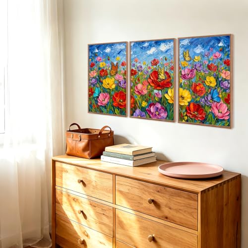 Image of CHDITB 3D Textured Poppy Floral Wall Art,Butterfly Wildflower Country Decor