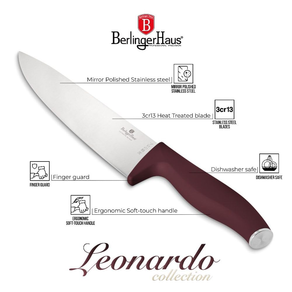 Berlinger Haus 6-częściowy zestaw noży, ze stali hartowanej, 3cr13, ze stojakiem BAMBOO, matowy bordowy, kolekcja Leonardo