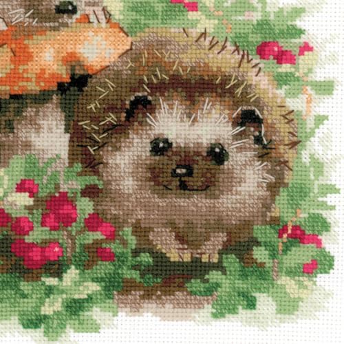 Image of RIOLIS - Hedgehogs in Lingonberries 1469, Animals Cross Stitch Kit 9,84 inch x9,84, Cross Stitch for Beginners & Advanced, Crossstitching Kits Adult, Counted Stitching Kits, Embroidery Kit