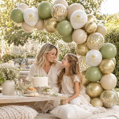 Image of Sage Green Sand White Gold Birthday Balloons, 12 Inch Olive Green Cream Beige Sand White Printed Balloons with Metallic Light Gold Confetti Balloon for Women Girls Boys Birthday Party Decorations
