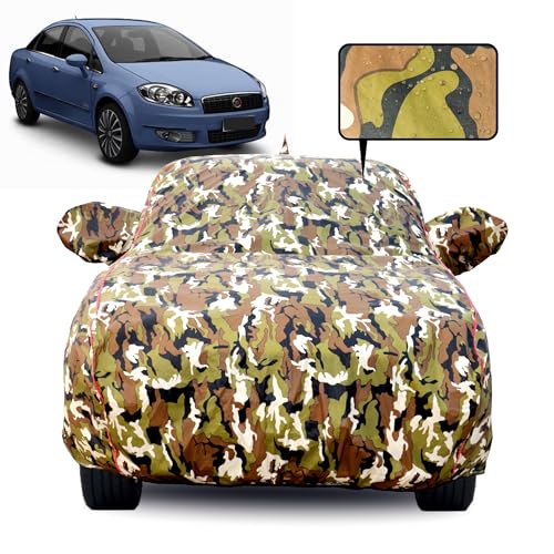 Image of Waterproof Car Body Cover for Fiat Linea with Mirror Pocket, Soft Cotton Lining, Triple Stitched, Full Bottom Elastic (Heat Resistant Jungle Print with Red Piping)