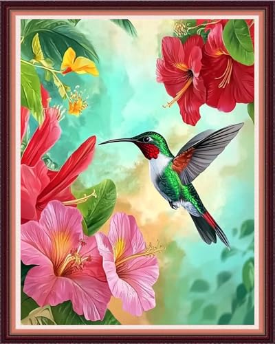 Image of Fanxvivy Stamped Cross Stitch Kits for Beginners Full Range of Cross Stitching Preprinted Embroidery Kits for Adults, 11CT Embroidery Pattern Needlepoint Kits-Hummingbird Picking Flowers 16x20 inch
