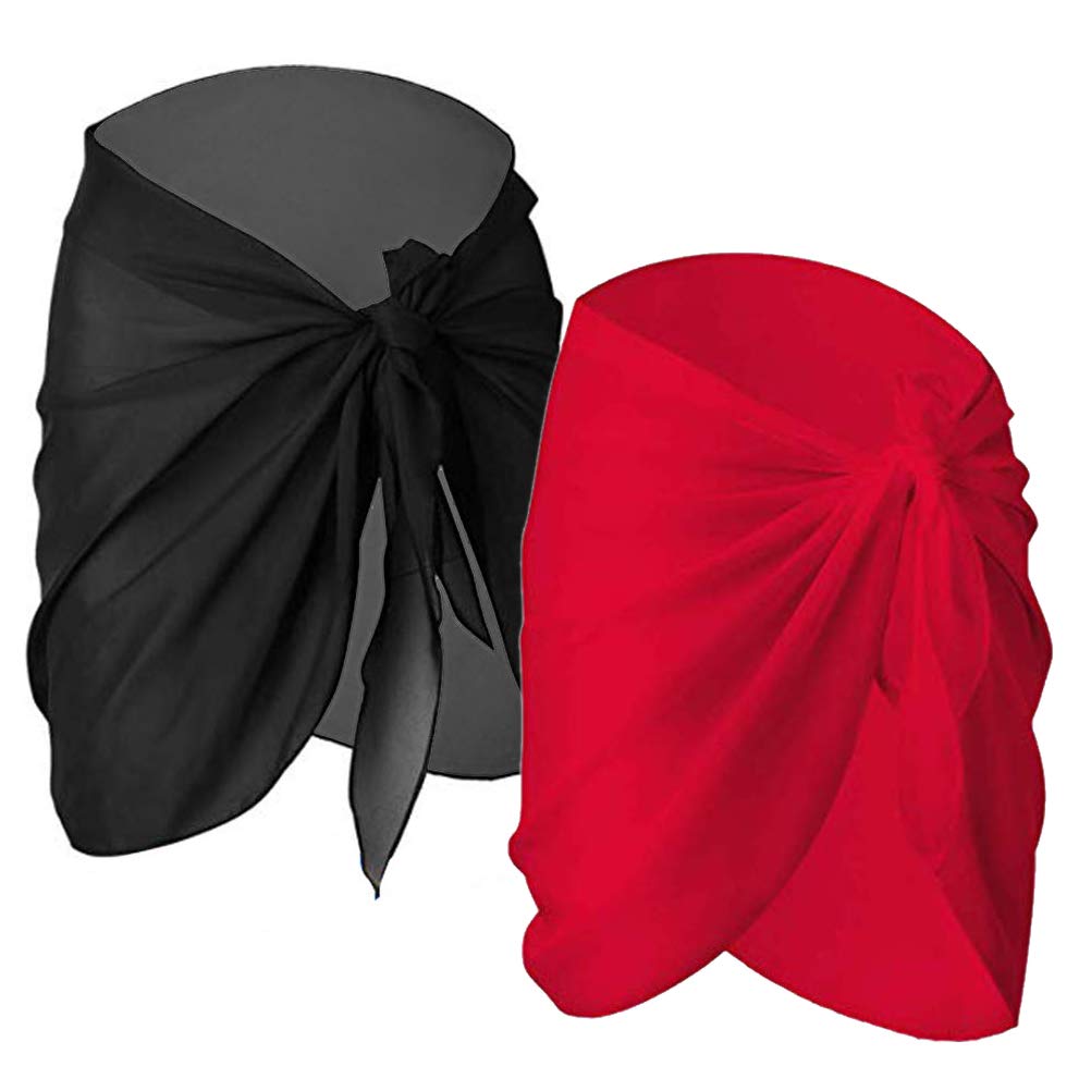 Beach Sarong Wrap Women,2 Pack Swimwear Chiffon Beach Swisuit Wrap Sarong Short Sarong Chiffon Bikini Cover Up Swimsuit Wrap Dress Skirt for Holiday Swimming Black+Red