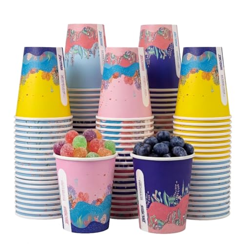 Biotakeware 100 Pcs 8oz Paper Cups for Kids 4 Unique Ocean Theme Designs Disposable Bulk Hot & Cold Drinking Coffee Cups for Birthday Parties Holidays Picnics Travel and Special Events