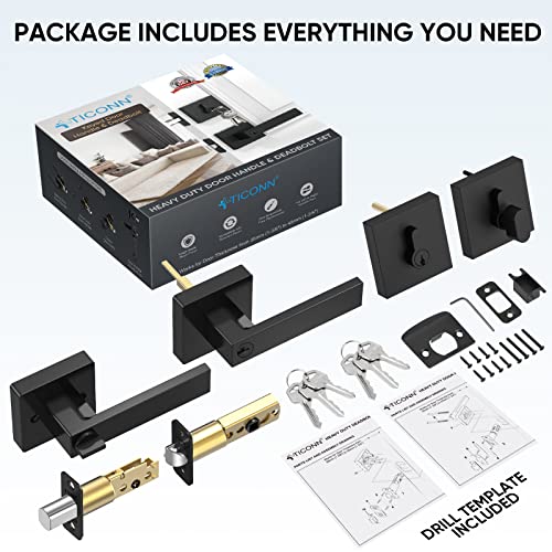 Ticonn Door Handle Heavy Duty, Reversible Square Door Lever For Bedroom, Bathroom And Rooms (Black, Deadbolt With Keyed Entry - Not Keyed Alike) #TOP4