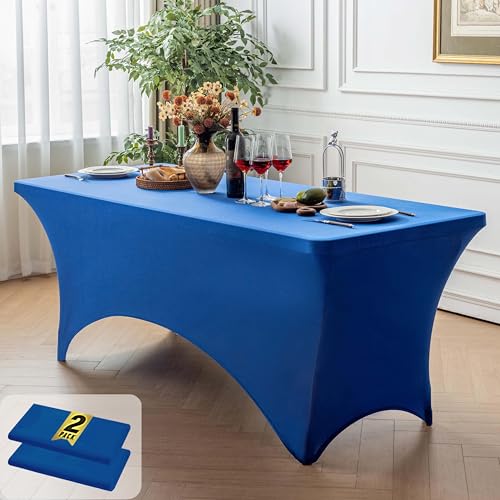 Image of FOLINS&HOME 2 Pack Royal Blue 4ft Fitted Spandex Water Resistant Tablecloth | Washable Elastic Rectangle Table Cover for 4 Foot Folding Tables, Stretch Table Cloth for Weddings, Banquets, Parties (2 Pcs)