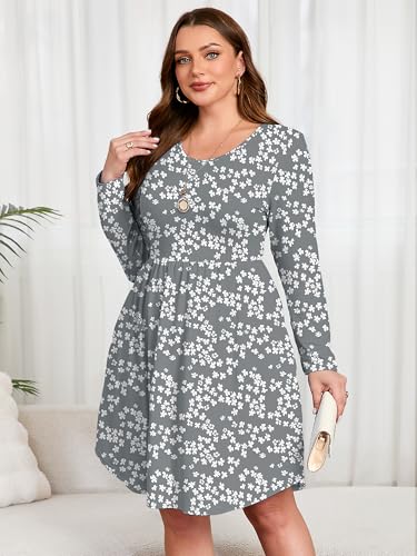 Image of AusLook Women's Plus Size Long Sleeve Midi Dress Casual Empire Waist Loose Flowy Dresses A-Line Boho Long Dress with Pockets