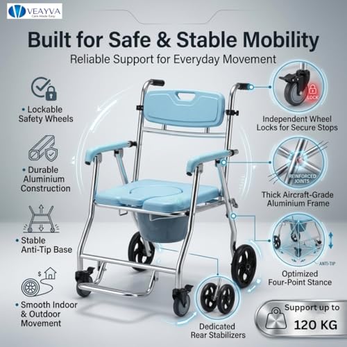 Image of Veayva Shower Commode Wheelchair Folding and Reclining Design for adults, light weight and alluminium frame