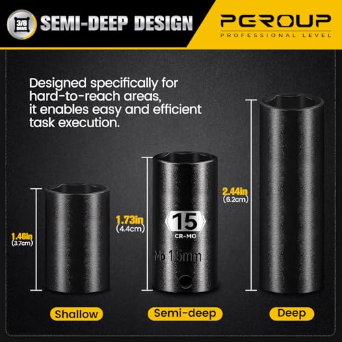 PGROUP 14-Piece 3/8" Drive Semi-Deep Impact socket set, Metric Size (8-22mm) 6-Point Socket Set, CR-MO Steel for Automotive & Industrial — view 4