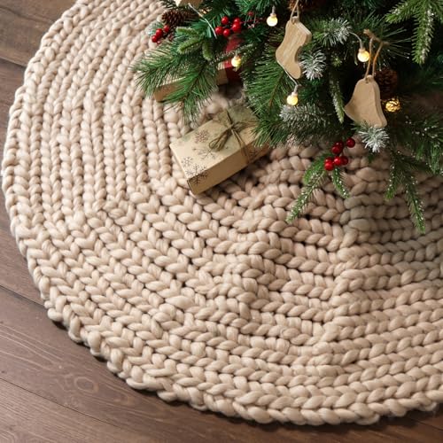 48 inch Christmas Tree Skirt: Chunky Knit Tree Skirt for 7.5ft Tree, Crochet Beige Tree Skirt...