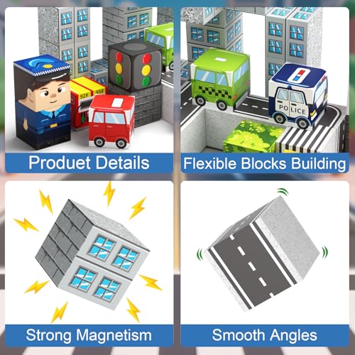 Image of City Traffic Magnetic Blocks Set,Child-Safe STEM Toys with Fully Encased Magnets Non-Toxic & Choking-Proof Travel Learning Gift for Ages 3-8 Car /Airplane Toddler Toy Birthday (49 PCS)