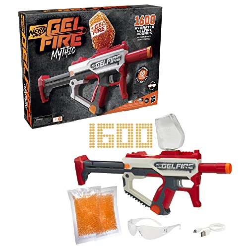 Nerf Pro Gelfire Mythic Blaster, 1.600 Gelfire Rondas, tolva, batería Recargable, anteojos