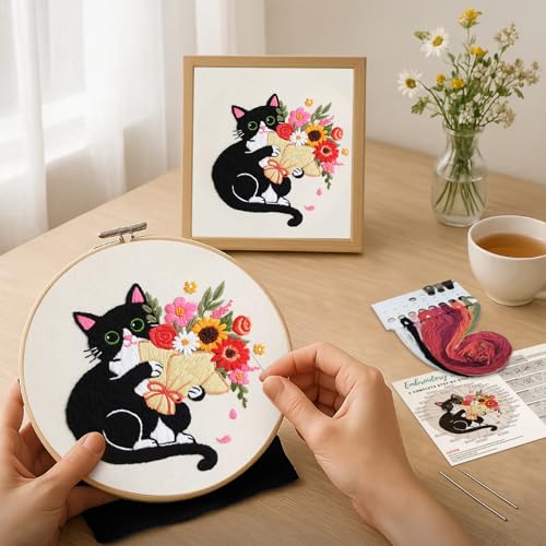 Image of Nuberlic Black Cat Flowers Embroidery Kits for Beginners, DIY Cross Stitch Starter Craft Kits for Adults Including Cloth with Pattern, Hoop, Needles Instruction and Threads