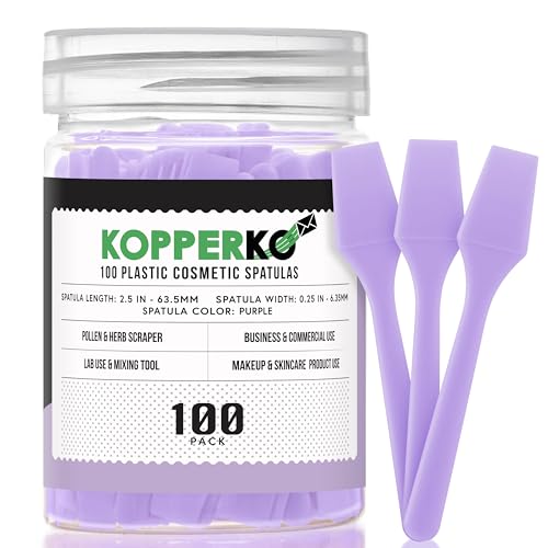 Image of Kopperko 100 Pack 2.5 Inch Cosmetic Spatulas - Small Plastic Spatula for Cosmetics, Creams, & Crafts | Makeup Spatula or Multipurpose Mini Applicator for Mixing, Skincare, or Scraping Jars | Purple