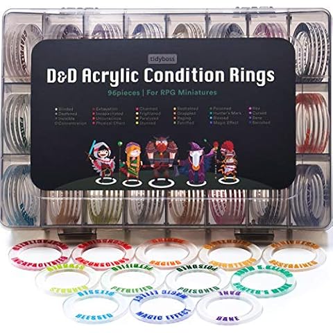 TIDYBOSS DND Accessories Miniatures Acrylic Condition Rings | 96 PCS Status Effects Markers | 24 Conditions for Dungeon and Dragons with Storage Box Cover