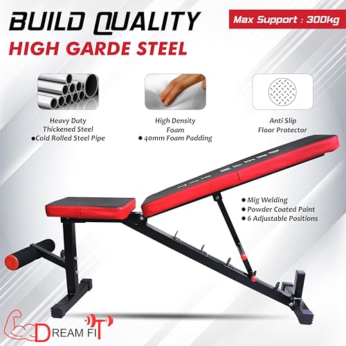 Image of DREAM FIT Heavy Duty Gym Bench with 7 adjustable positions || Premium Steel Multipurpose Fitness Bench for home workouts || Incline /Flat /Decline Utility Bench || 350kg weight hold