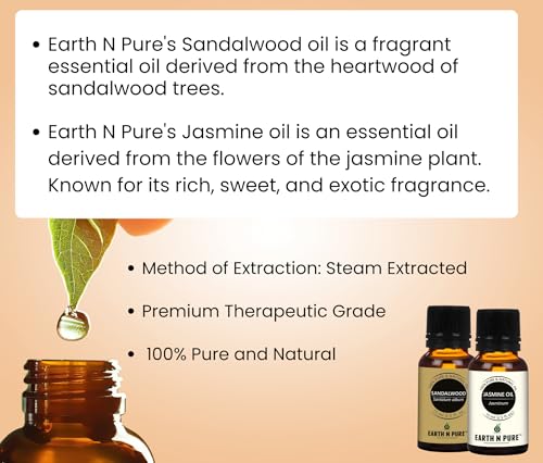 Image of Earth N Pure Sandalwood & Jasmine Essential Oils | Pack of 2 (15 ml each) | 100% Pure, Undiluted, Natural and Therapeutic Grade - Perfect for Aromatherapy, Skin Therapy & More