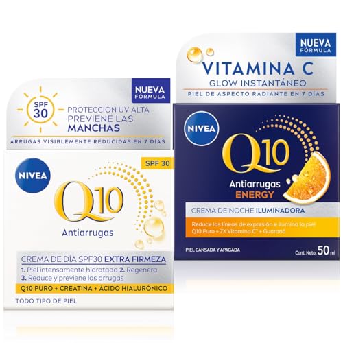NIVEA Pack Q10 Energy Crema de Noche Antiarrugas, 50ml + Power Antiarrugas Cuidado de Día Triple Defensa FP30 (1 x 50 ml), crema hidratante antiarrugas, crema facial con protector solar 30