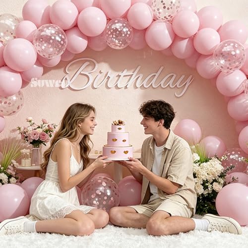 Image of SUWEN Light Pink Latex Balloons and Confetti Balloons Set 47PCS | Pastel Pink Helium Balloon for Birthday Anniversary Bridal Shower Party Decorations