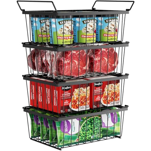 iSPECLE Freezer Organizer Bins, 4 Pack Stackable Chest Freezer Organizer for 5 Cu.Ft Deep Freezer, 14' x 9.4' Heavy Duty Wire Baskets with Handles, Easy Access to Sort Meat & Veggies, Black