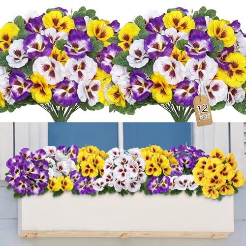 SOMYTING Lot de 12 pensées artificielles pour extérieur - Fleurs artificielles en soie...