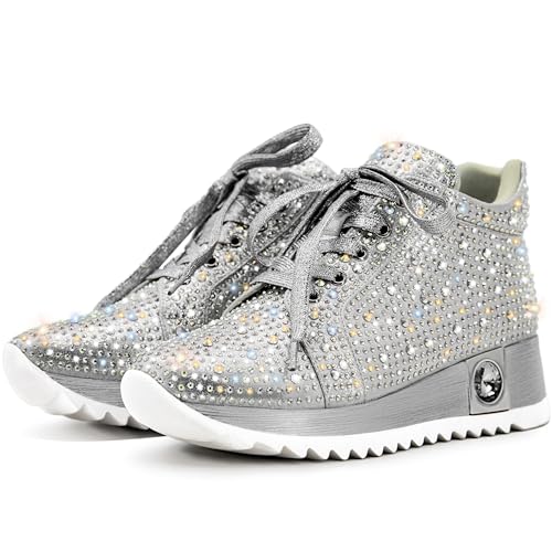 FINDVELL Women's Fashion Glitter Sneakers Platform Wedge Shoes Sparkly Rhinestone High Top Sneakers Trendy Sequin Shoes Wedding Bride Dress Size 10 Silver