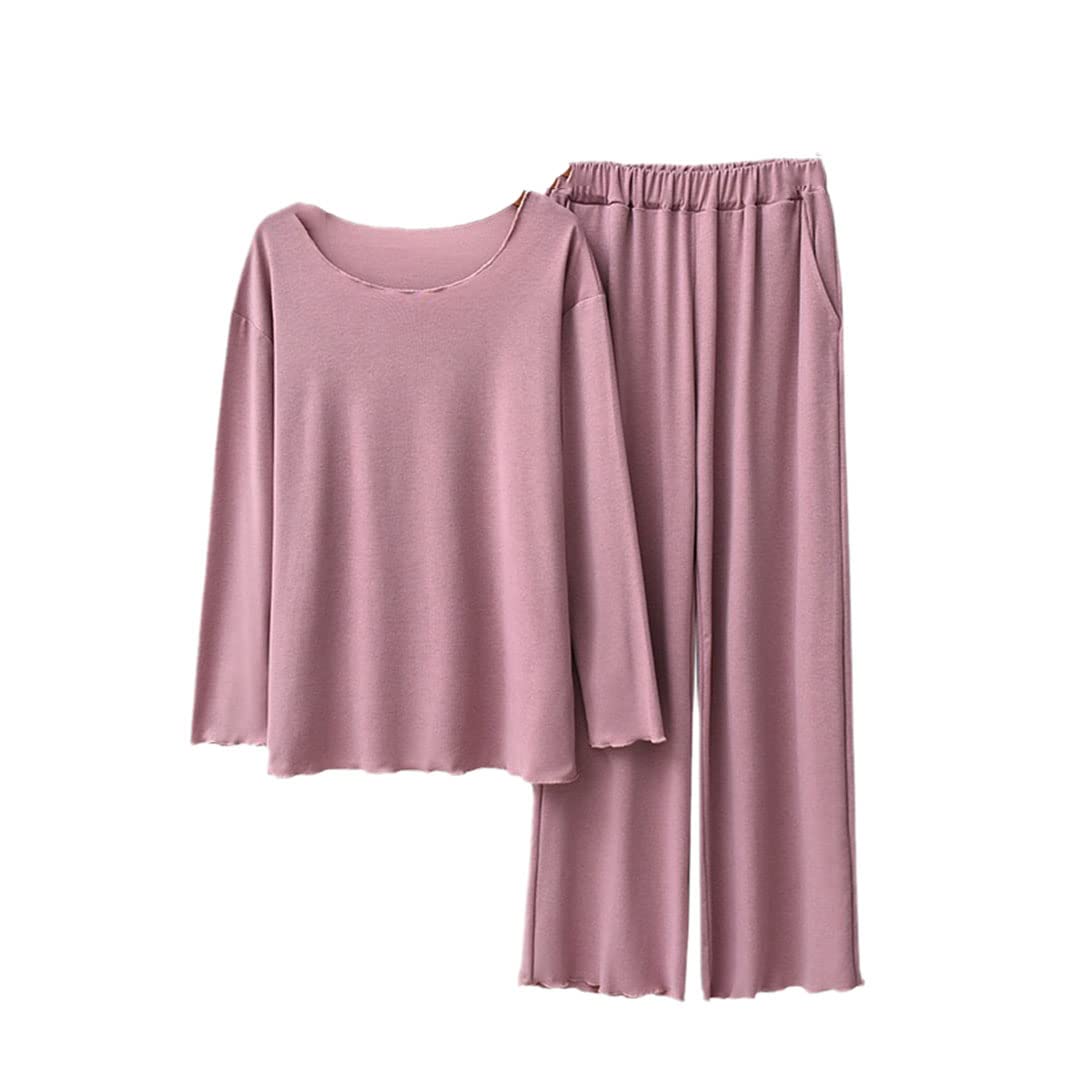 Conjunto de pijama de algodón cómodo suave y elegante con cuello en O para mujer, rosa, talla única