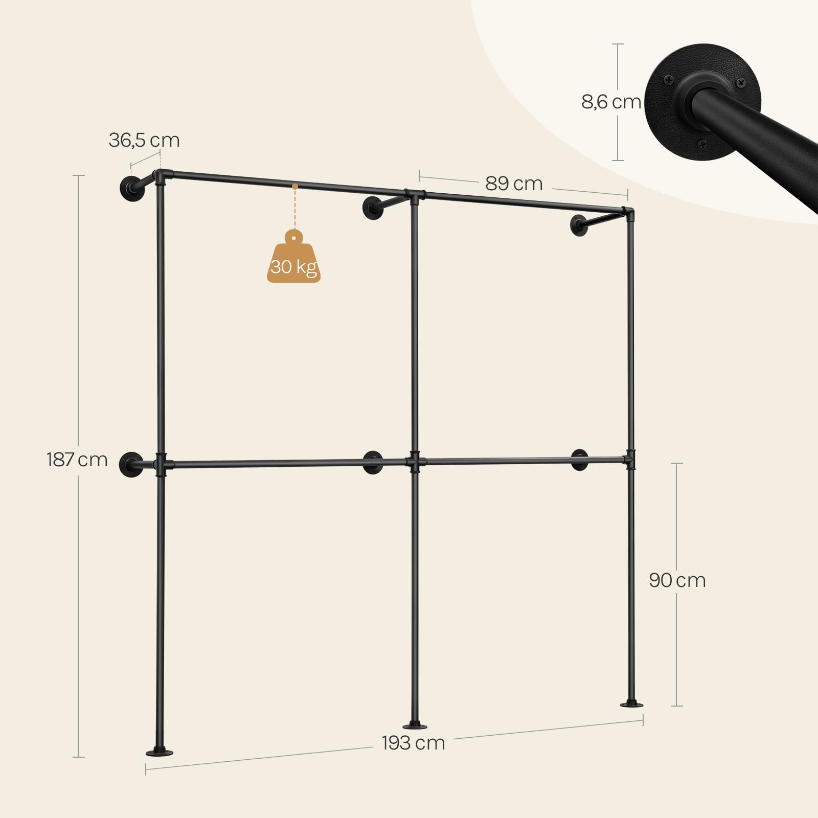 WOLTU Perchero de Pared Industrial, 4 Rieles para Colgar Ropa, Armario Abierto, Perchero Industrial de Tubos Metálicos, Barras Colgantes para Dormitorio y Vestidor, Negro, 193x36,5x187 cm