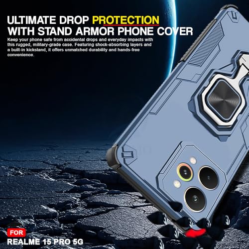 Image of AESTMO Armor Back Cover for Realme 15 Pro 5G | Ring Holder & Kickstand & Camera Protection in-Built | 360 Degree Protection Back Case Cover (Blue)