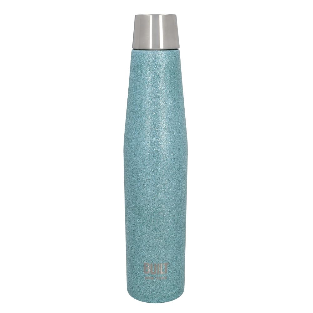 BUILT Apex Thermos Water Bottle with Lid, Leak-Proof, 18/10 Stainless Steel, Reusable, Sweat-Proof, 100% BPA-Free, Aqua Glitter, 540 ml