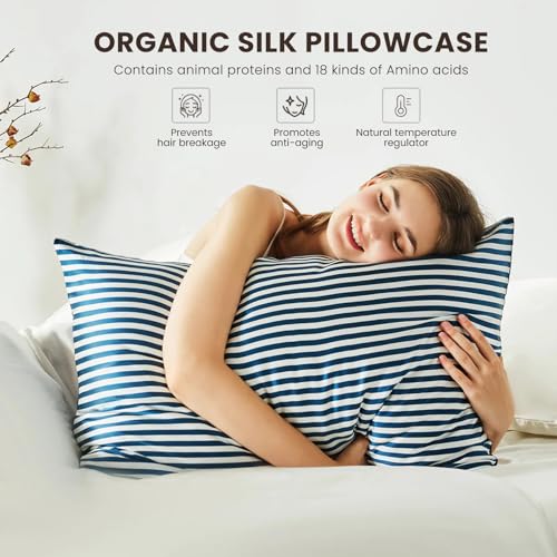 THXSILK Mulberry Silk Pillowcase for Hair and Skin Health, Grade 6A+ Mulberry Silk Pillowcase with Hidden Zipper, Soft and Breathable, 1pc (King 20"x36", Blue White Stripes)