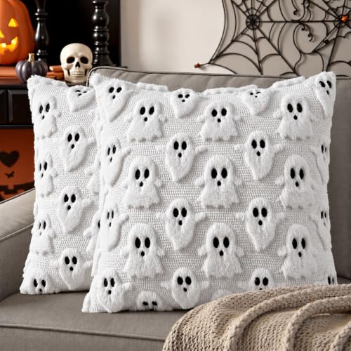 decorUhome Fall Halloween Ghost Throw Pillow Covers 18x18 Set of 2 White - image 1
