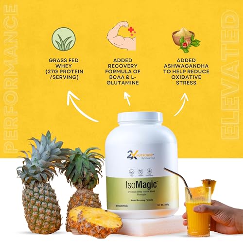 Image of 2X Nutrition Premium Whey Isolate Blend Protein Powder ISOMAGIC with Ashwagandha, 27g Protein, Low Fat & Carbs, for Faster Muscle Growth, Added Free-Form BCAA & L-Glutamine, Pineapple, 2Kg