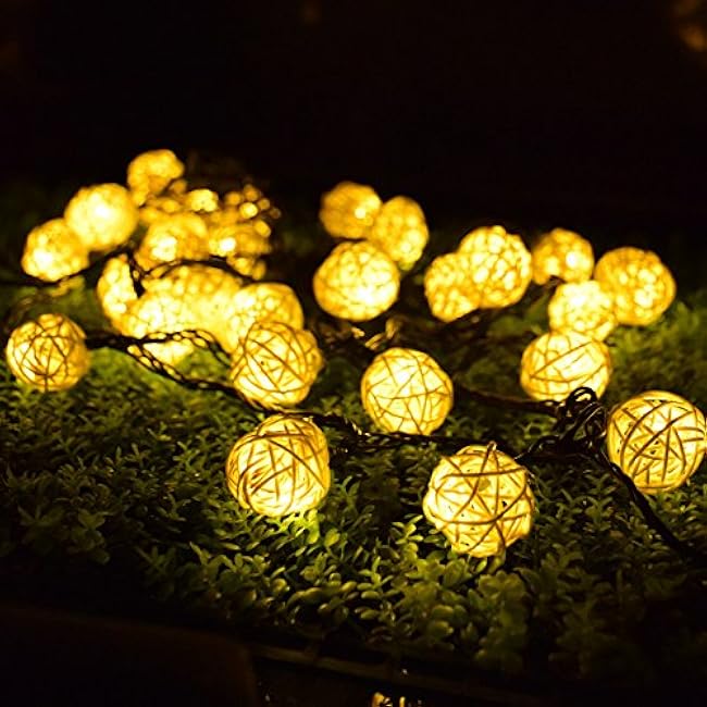 Solar String Lights Garden, DINOWIN Solar Grobe Rottan Rattan 20ft 30 LED Waterproof Solar Ball Lights for Garden Yard Party (Warm White)