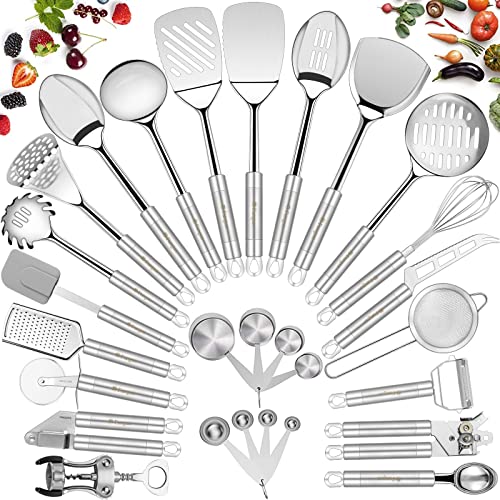 Comparison: Best Utensil For Stainless Steel Cookware 7 Stainless Steel Kitchen Utensil Set- Fungun 28 Pcs Cooking Nonstick Cookware Set with Spatula - Best Gadgets Tools Kitchen Accessories