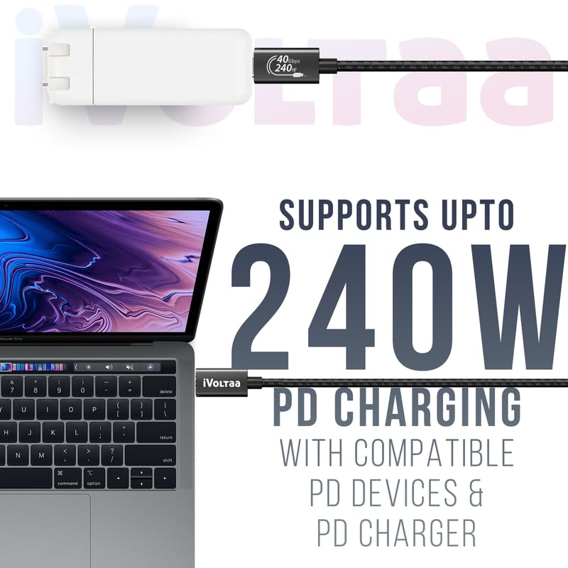 Image of iVoltaa 240W USB C to C Cable 40Gbps USB4, 8K Video, 2nd Gen E-Marker, Thunderbolt Compatible with MacBook, iPhone 15 /16 & Samsung Galaxy - 3.3 ft (1m)