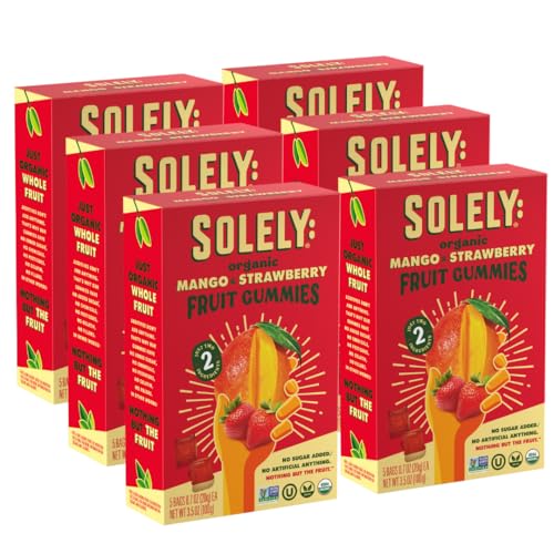 Image of SOLELY - Organic Mango & Strawberry Whole Fruit Gummies (Pack of 6 Boxes, 5 Bags per Box) - School Snacks - Healthy Snacks for Adults & Kids - Non GMO, Vegan Snacks, Shelf Stable - 30 Bags (3.5 oz)