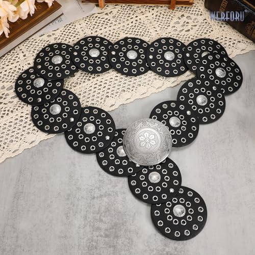 Image of WERFORU Women Wide Western Disc Belt Cowgirl Boho Leather Belt for Jeans Dress