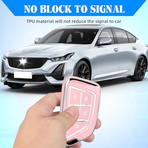 Image of QBUC for Cadillac Key Fob Cover with Leather Keychain (Chrome Trim Pink) | Soft TPU Protection Case Compatible with 2020-2026 Cadillac Escalade Lyriq Optiq 5-Buttons