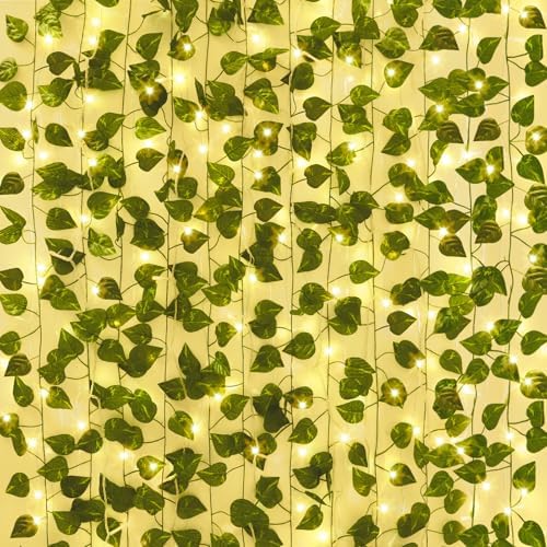 artificial trellis with lights 7 CEWOR 24 Pack 173ft Fake Ivy Vines, Artificial Ivy Garland with 200 LED String Lights, Hanging Plants Greenery Backdrop Green Leaves for Bedroom Room Wall Decor Wedding Party Table Decoration