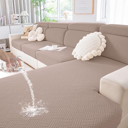 hyha Waterproof Couch Cushion Covers, Stretch Magic Sofa Seat Slipcover, Waterproof Sectional Couch/Sofa Cushion Covers for Pets Washable with Elastic Bottom(3PC, Camel)