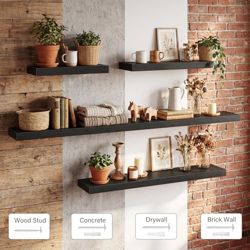 Image of Acovy 16in Long Floating Shelves for Wall Set of 2, Wood Wall Shelves for Bathroom Bedroom Kitchen Living Room Laundry Room, Modern Floating Shelf for Home Decor